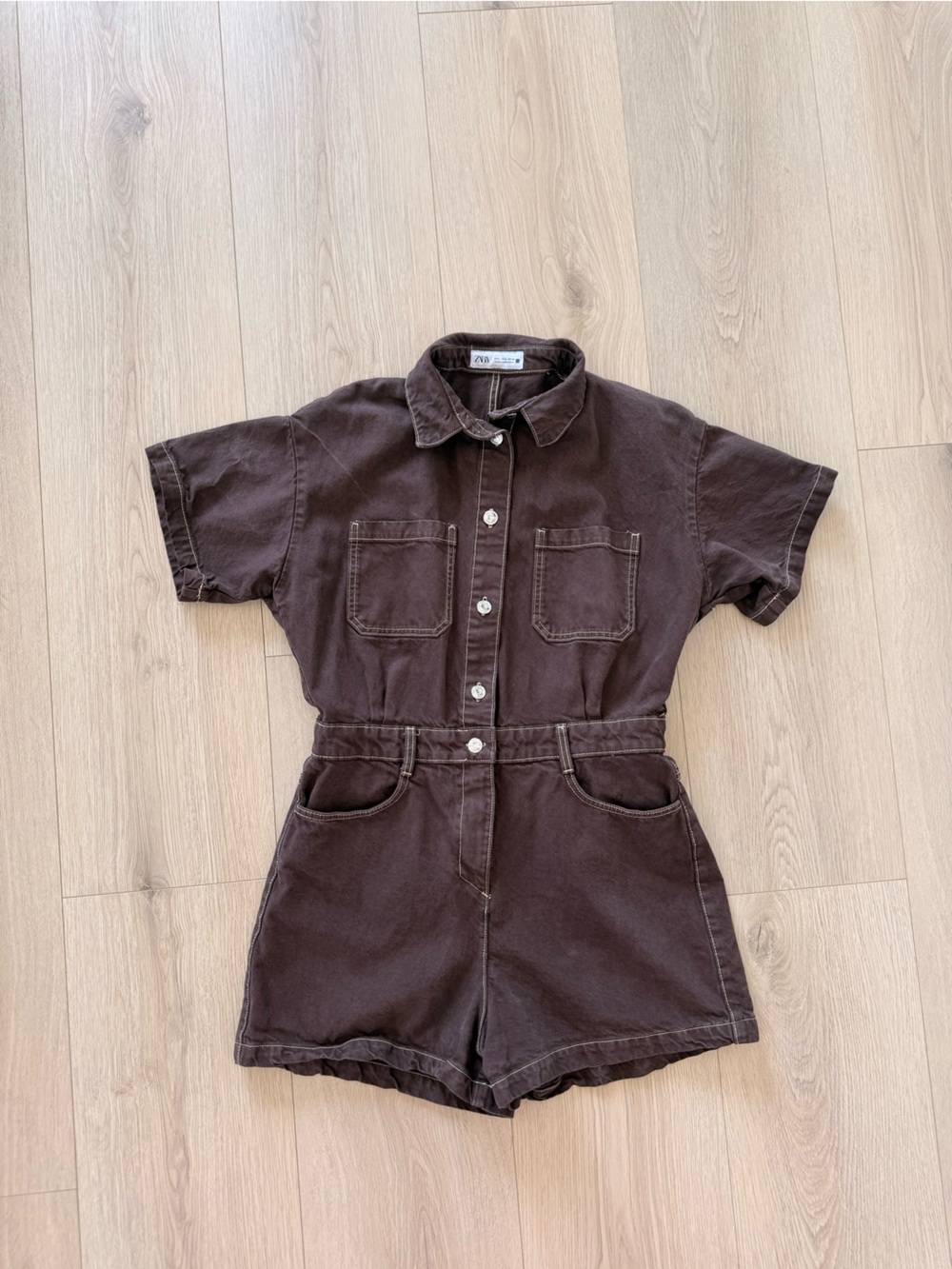 Zara Brown Button-Front Utility romper Jean women’s size large summer rodeo